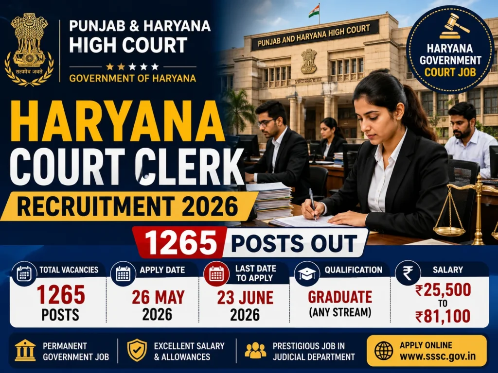 Haryana Court Clerk Recruitment 2026 notification for 1265 clerk vacancies in Haryana subordinate courts