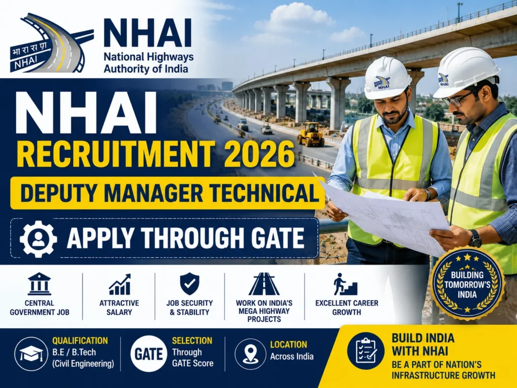 NHAI Deputy Manager Technical Recruitment 2026 notification image for Civil Engineering candidates through GATE score.